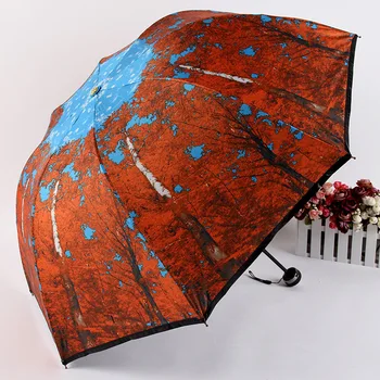 

Three Folding Creative Oil Painting Maple Leaf Umbrella for Woman Fashion Abstract Art Design Windproof Rainproof and Sunproof