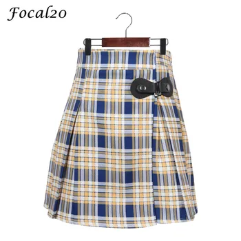 

Focal20 Streetwear Plaid Women Pleated Skirt Spring Summer Sweet Japanese Style Preppy A Line Mini Skirt with Buckle