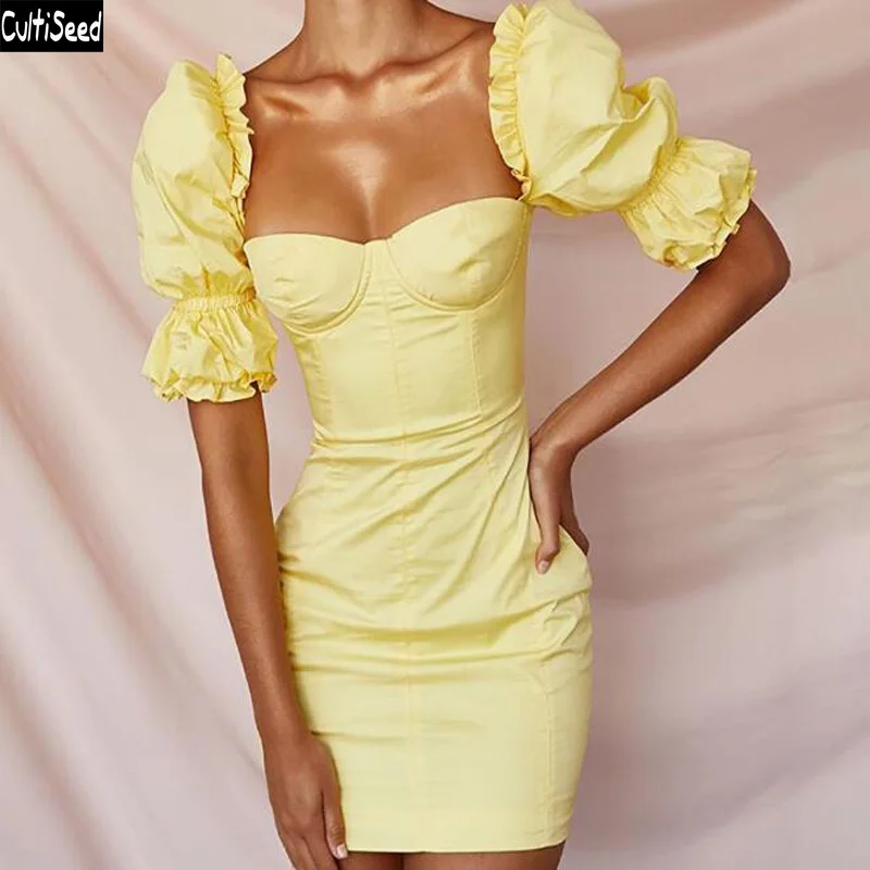 

Cultiseed Women Sexy Strapless Party Dress Ladies Ruffles Puff Sleeve Slim Hip Dress Female Slim Waist Mini Dresses Clothing