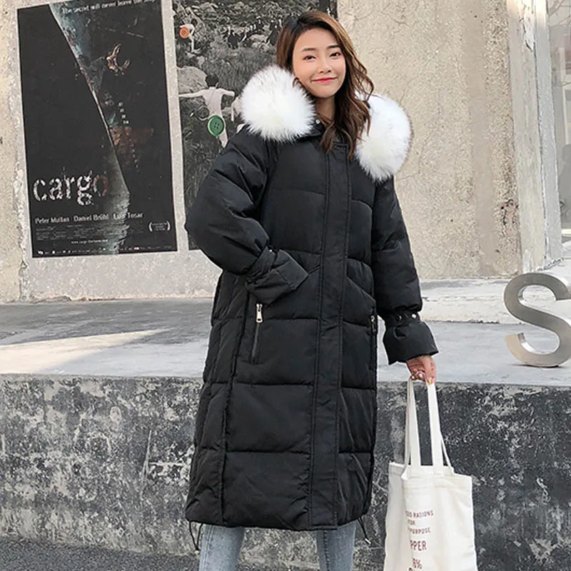 Новое поступление, женская зимняя длинная парка с хлопковой подкладкой, теплые пальто, модные меховые куртки с капюшоном, корейский стиль, верхняя одежда, парка - Цвет: Черный