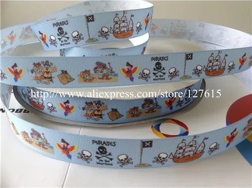 

Pirates ship skull parrots treasures map party decoration printed grosgrain ribbon 50 yards 7/8 new baby ribbon bows