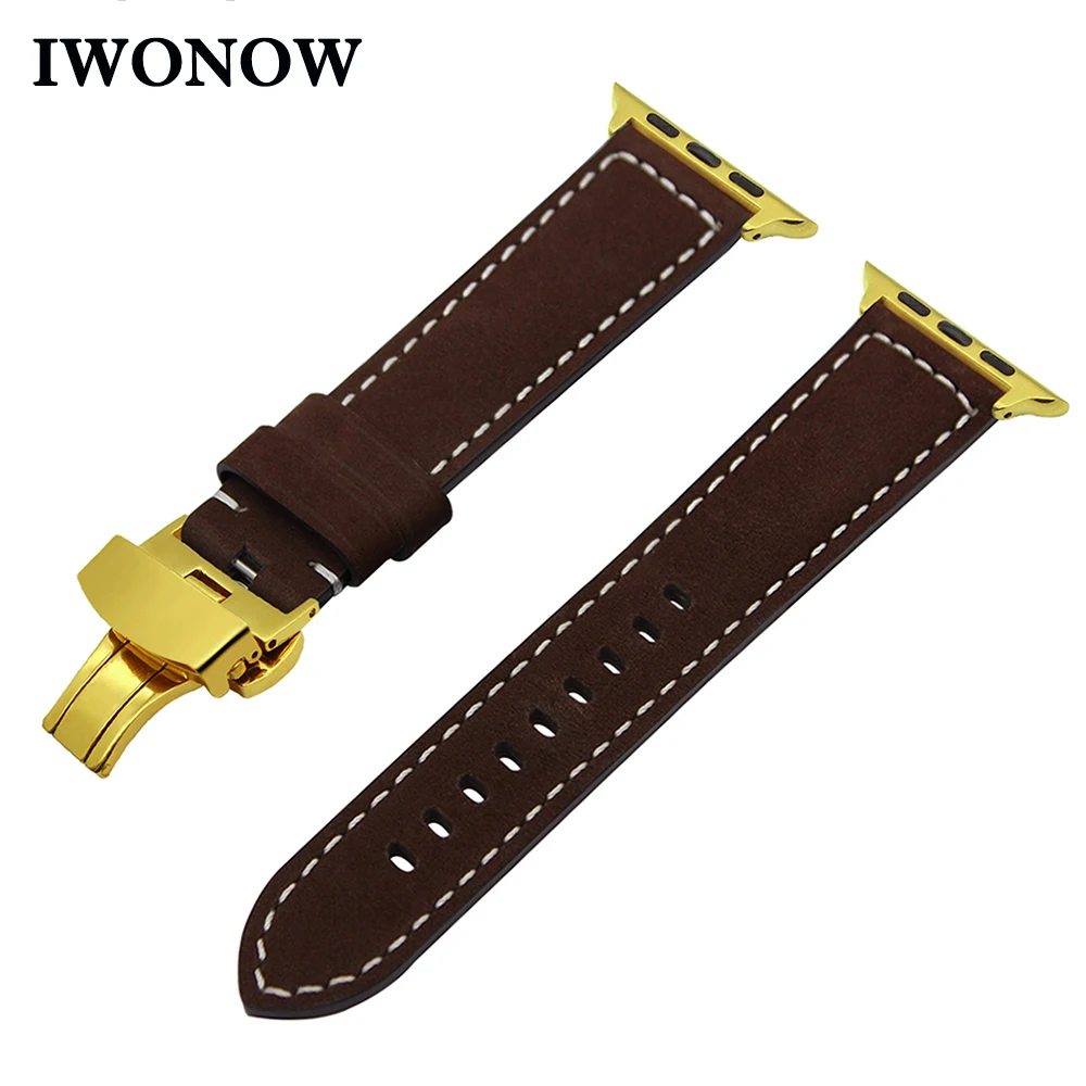 

Imported Vintage Leather Watchband for iWatch Apple Watch 38mm 42mm Series 1 2 3 Wrist Band Steel Butterfly Clasp Strap Bracelet