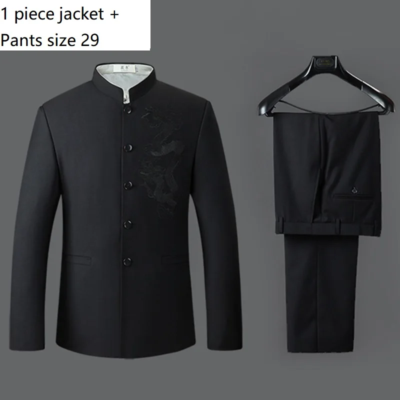 Дракон вышивка мужской костюм в китайском стиле куртка Мандарин Воротник туника костюм куртки для мужчин s кунг-фу пальто черный - Цвет: 1 set pants size 29