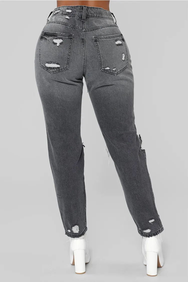 Осенние рваные темно-серые джинсы женские корейские тонкие ретро повседневные Большие размеры уличная джинсовая с высокой талией с карманами Брюки-карандаш