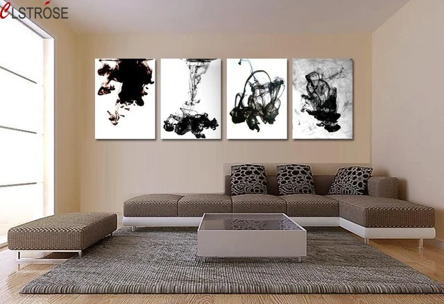 CLSTROSE Abstract Black White Smoke Ink Painting 4 Pcs Chinese Character Still Life Hanging On Wall Office Home Decor | Дом и сад