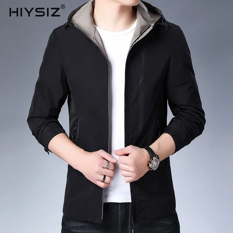 

HIYSIZ Jacket Men Streetwear 2019 Casual High Quality With Hat Simple Style Long Autumn Winter Fashion Trend Zipper Outwear 1906