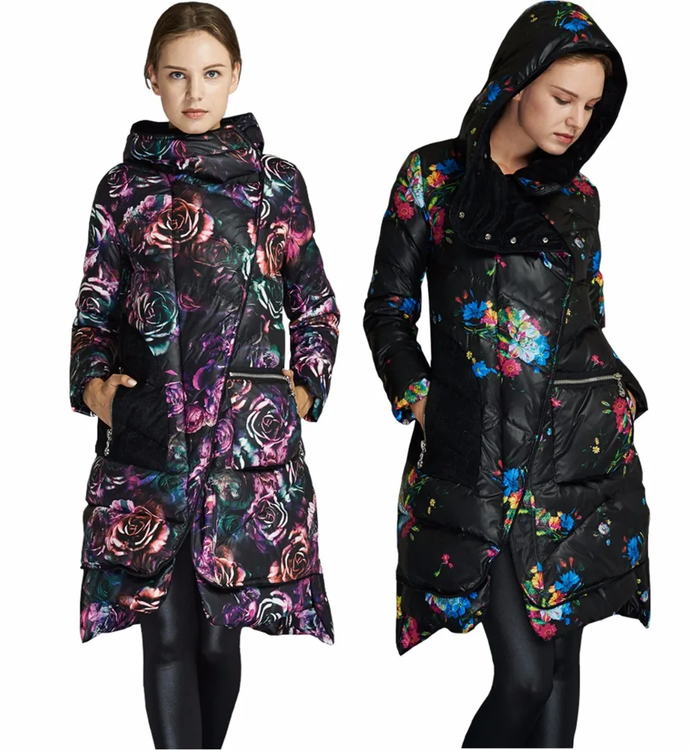 

High Quality Ukraine Luxury 2018 Winter Coat Women Long Duck Down Parka Jacket Brand Rose Floral Print Hooded Parkas