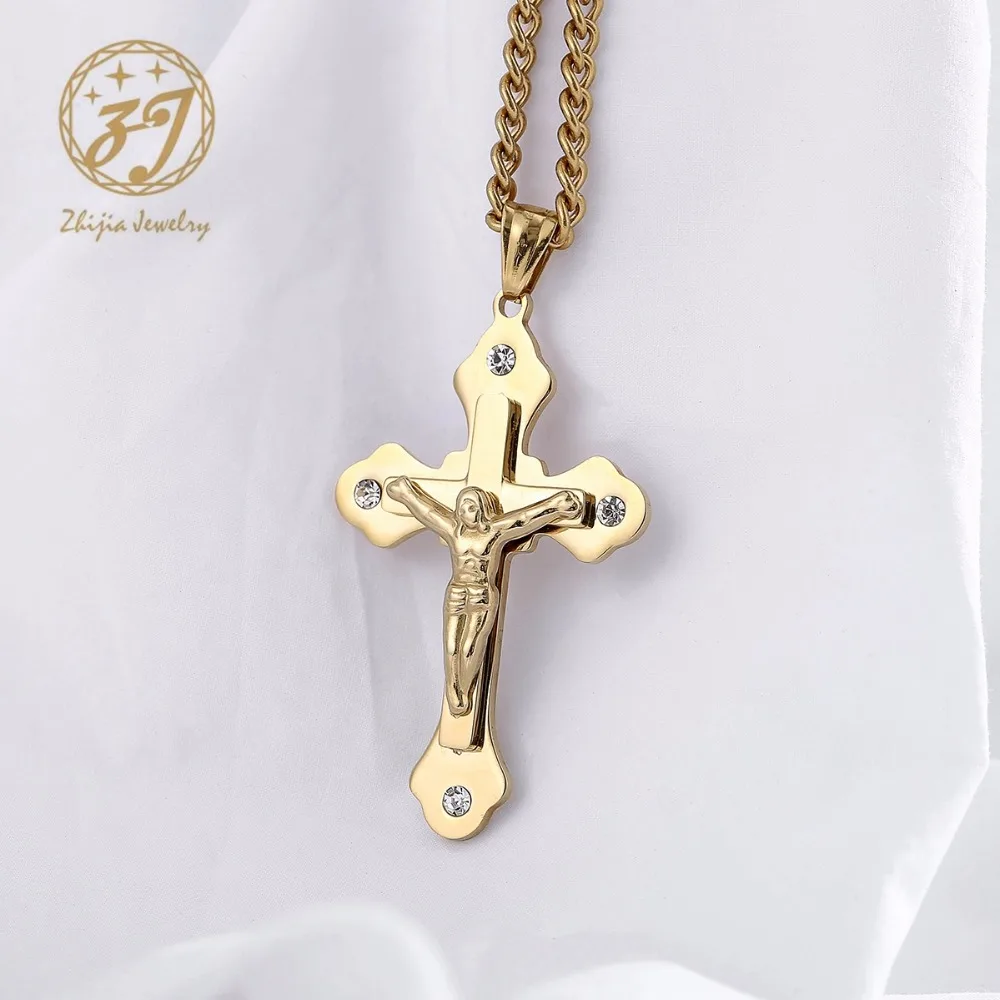 

zhijia Christian Jesus Cross Pendant Necklaces Thick Link Byzantine Chain Stainless Steel Men/Woman Jewelry Colar Gift