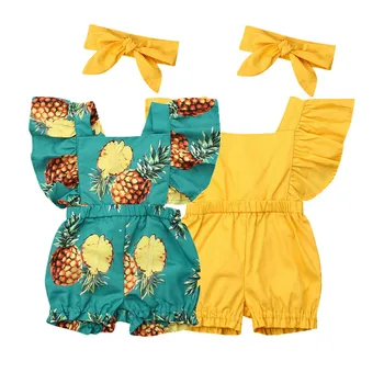 

New Summer Baby Girls Rompers Clothes Toddler Kids Baby Girls Fly Sleeeve Fruit Print Jumpsuits Beach Backless Outfits Clothes