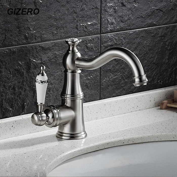 GIZERO حوض صنبور فرشاة نيكل الساخنة والباردة الطابق الخيالة حوض حمام مزخرف قطب خلاط الصنابير ZR636