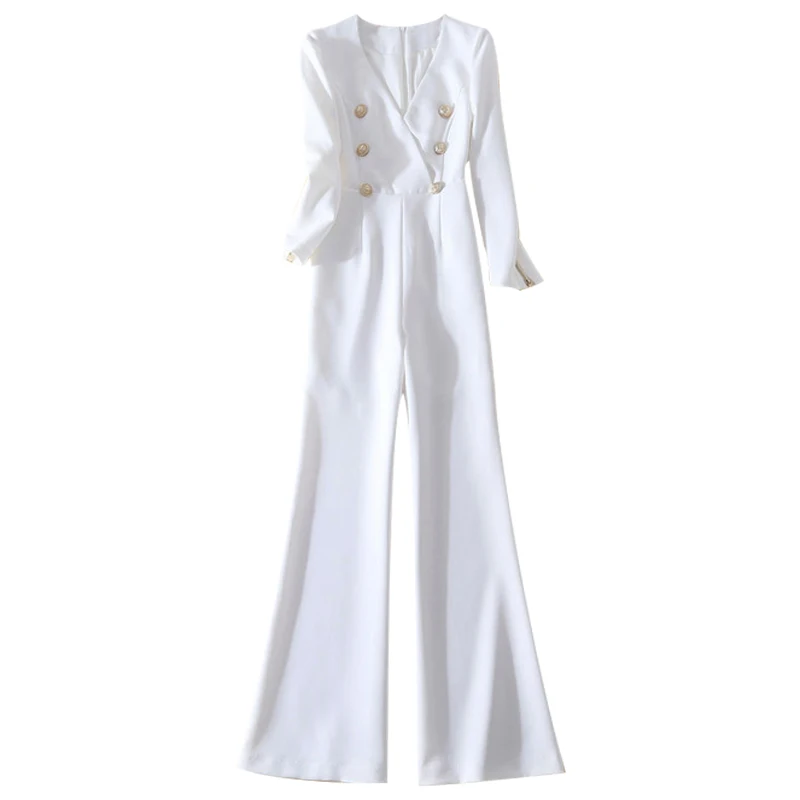 

High quality 2018 autumn and winter new V-neck metal double-breasted high waist slim trousers female micro-speaker jumpsuit