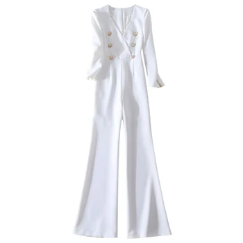 

High quality 2018 autumn and winter new V-neck metal double-breasted high waist slim trousers female micro-speaker jumpsuit