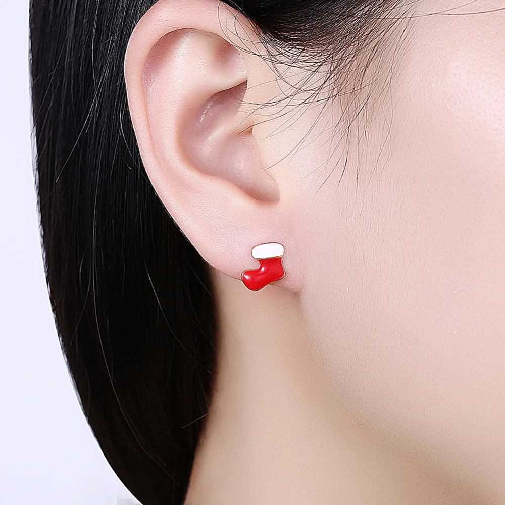 CHUKUI Christmas Red Socks Boots Earrings Gold Color Enamel Stud Earrings For Girl Kids Fashion New Year Gifts Jewelry (9)