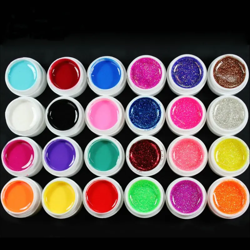 Pro 24 Colors Glittery UV Gel Builder Pure Solid UV Gel Colored Gel Polish Nail ART Tools Set 