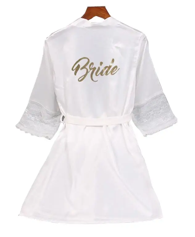 

Lace sleeve sexy women nightwear robes plus size gold letter wedding kimono satin silk female bathrobes bridemaids robes