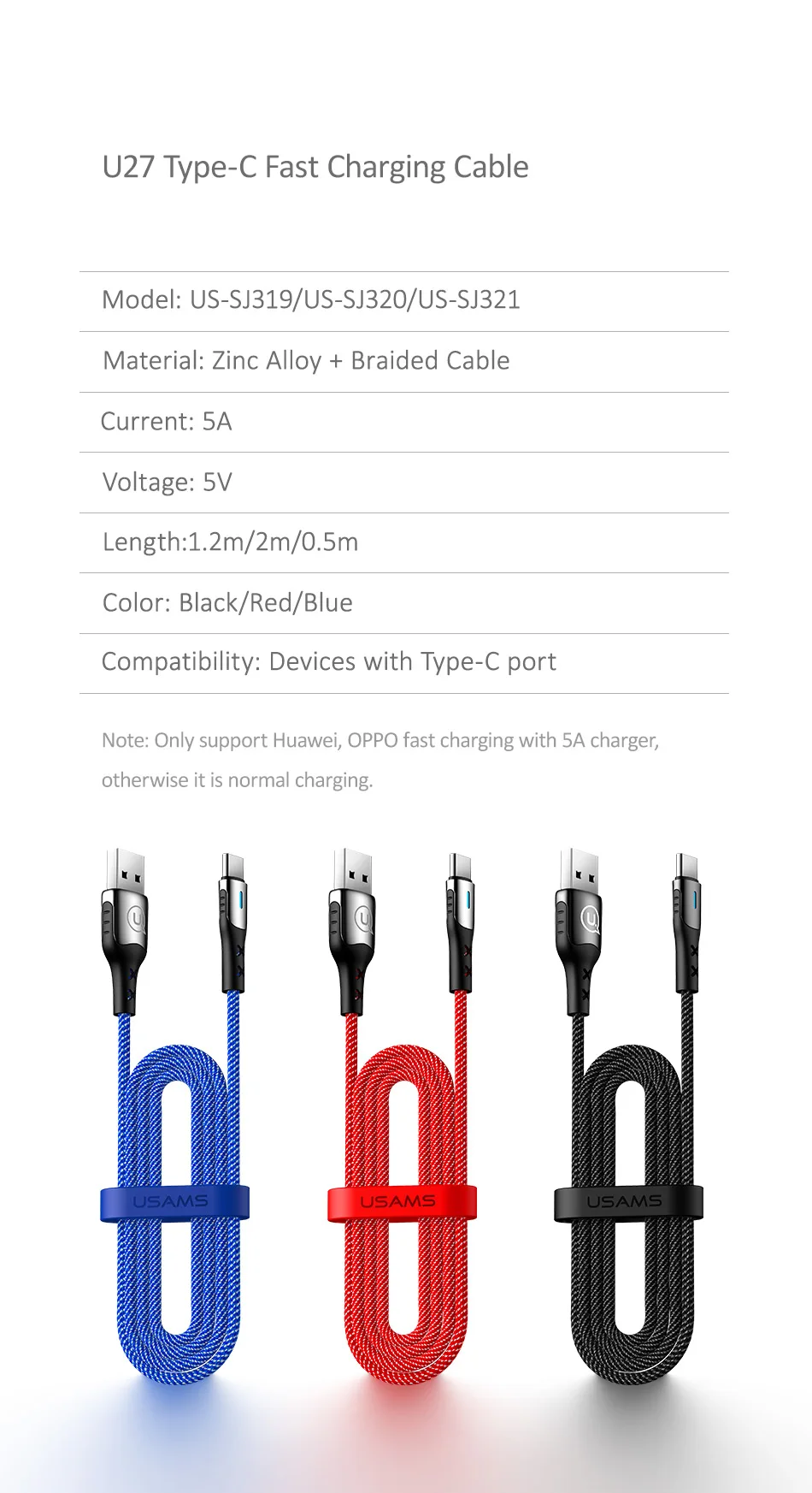 USAMS type C USB кабель 5A кабель для зарядного устройства кабель для быстрой зарядки для huawei P20 OPPO Smart charge USB C кабель для samsung Xiaomi