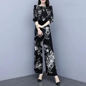 

Spring Casual OL Women Sets Clothing Lady Blouse And Wide Leg Trouser Suits Female Plus Size 3XL Slim Chiffon Two Piece Set F92