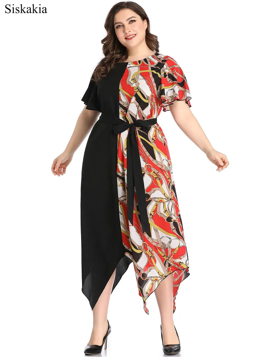 Siskakia 2019 New Contrast Color Patchwork Asymmetrical Dress Ladies Fashion Plus Size Sashes Women Dresses O Neck Short Sleeve (2)