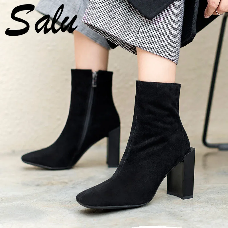 Salu/брендовые ботинки классического дизайна женские ботильоны мотоциклетные ботинки на высоком каблуке обувь из лакированной кожи Женские