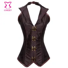 Brown Vintage Brocade Halter Collar Gothic Corset Corselet Sexy Steel Boned Long Waist Trainer Corsets Women