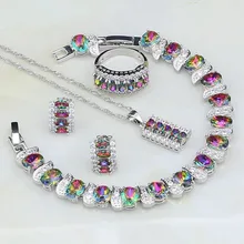 Радужный мистический кубический цирконий, 925 пробы, серебряные Ювелирные наборы для женщин, свадебные серьги-гвоздики/ожерелье/браслет/Подвеска/кольцо