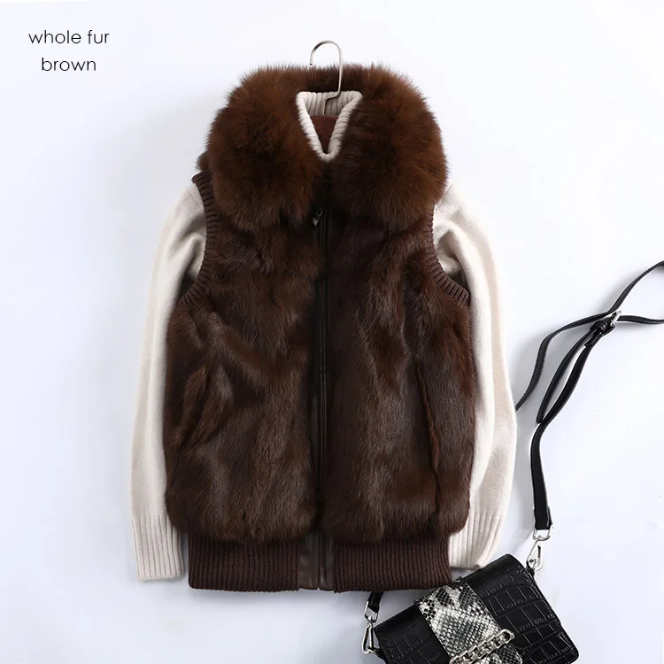 Pudi T18001 женский жилет из натурального кроличьего меха зимняя новая куртка из натурального меха для девочек пальто с воротником из енота и серебристой лисы - Цвет: whole fur brown