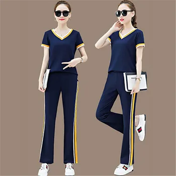 

Summer Tracksuit 2 Piece Set Short Sleeve Tops+Wide Leg Pants Sporting Suit Female Casual Suit Women Clothes