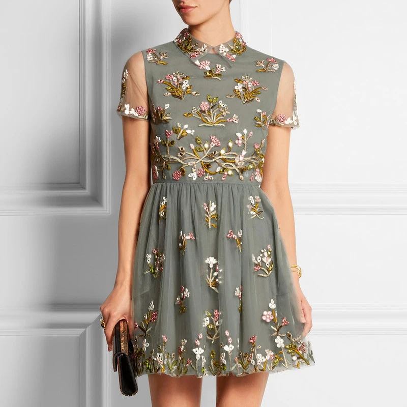 2017 Runway High Quality Princess Vintage Mini Flour Embroidery Mesh Printed Short Sleeve Peter Pan Collar Women Dress