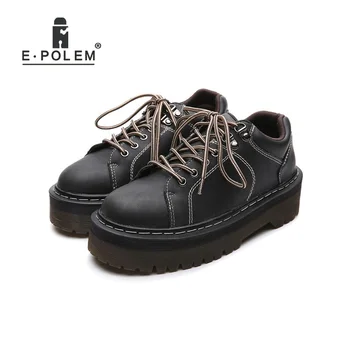 

New Fashion Thick Sole Platform Black Leather Shoes Female British Round Toe Lace Up Harajuku Shoes Punk Footwears