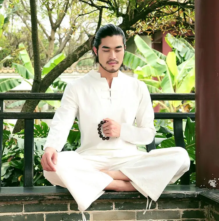 white long sleeve Винтажный китайский медитационный хлопковый льняной мужской комплект одежды из 2 предметов, Летний дышащий спортивный костюм Tai Chi, повседневный чайный костюм с координатами - Цвет: white long sleeve