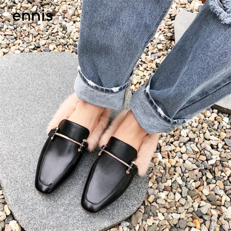 

ENNIS 2019 Black Loafers Shoes Women Genuine Leather Mules Winter Real Rabbit Fur Mule Slippers Buckle Fashion Casual Shoes C857