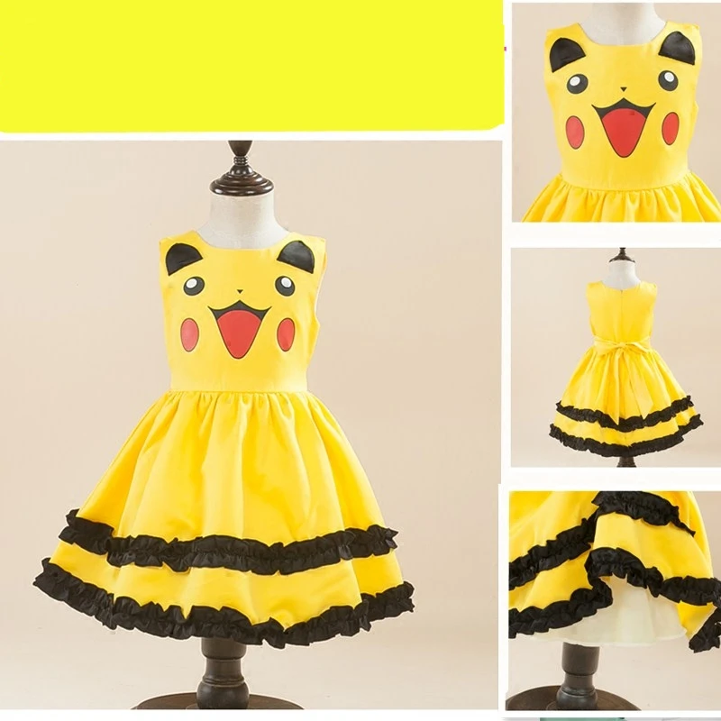 

Anime! Pokemon Go Girls Pikachu costume Cute Ball Gown Dress Kids Child Lovely Dress Halloween Carnival Free Shipping