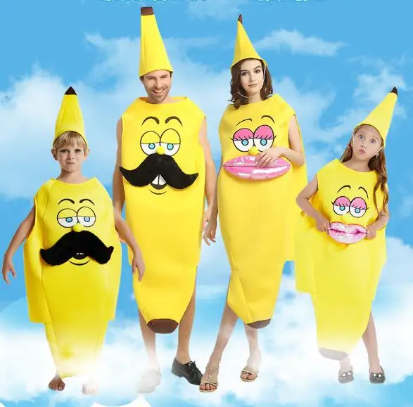 Детский костюм банана для взрослых, семейный Забавный комбинезон, костюм талисмана, нарядное платье с бананом, маскарадная одежда с героями мультфильмов на Хэллоуин