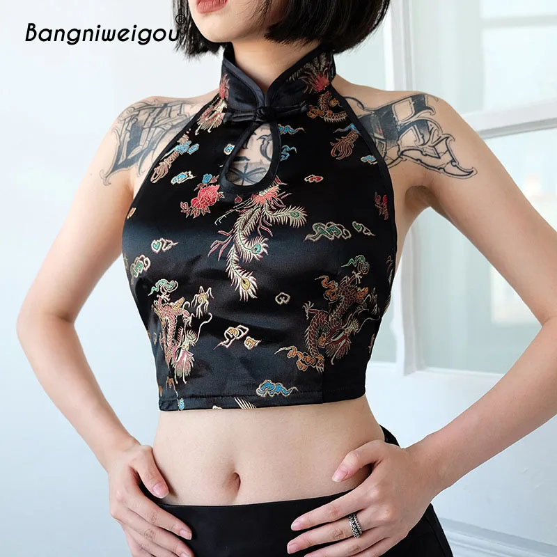

Bangniweigou Retro Chinese Cheongsam Tanks High Neck Backless Embroidered Crop Top Halter Vest Femme Sexy Apron