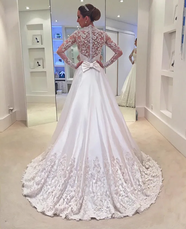Vestios De Novia великолепные трапециевидные атласные свадебные платья с длинными рукавами v-образный вырез кружево с аппликацией и бисером Свадебные платья Лента бант