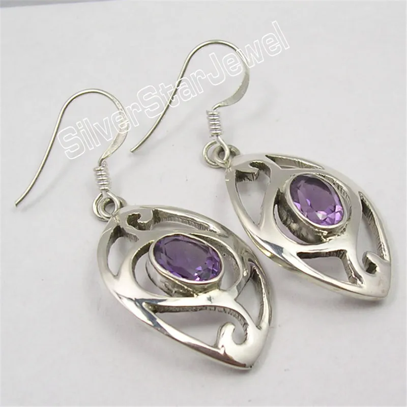 

Silver AMETHYSTS PERIDOTS LABRADORITE GEMS FILIGREE Dangle Earrings 4.3CM