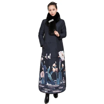 

2019 Women Winter New Women's Clothing printed round neck cotton clothing cotton coat long Muslim clothing robe