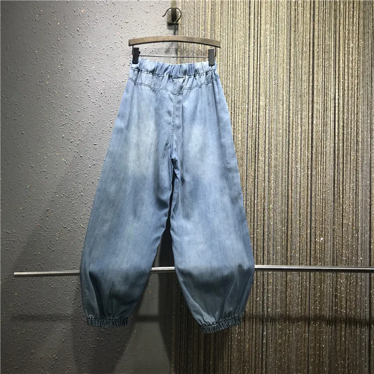 Лето осень новые джинсы женские тонкие цветные стразы со стразами свободные штаны с эластичной резинкой на талии женские штаны-шаровары