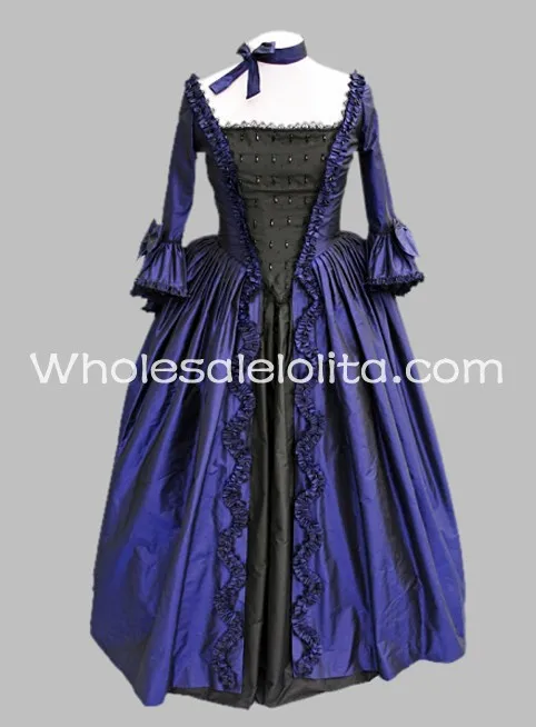 Одежда с длинным рукавом синий и черный сатин готический, викторианской эпохи платье
