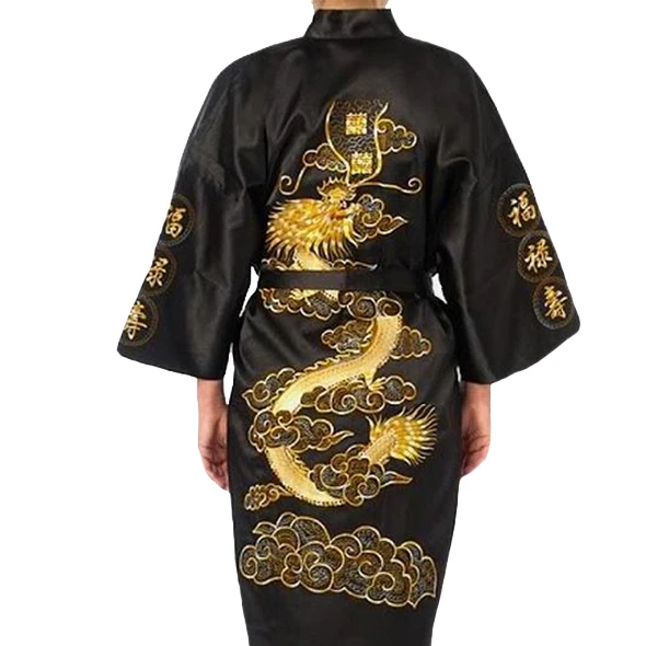 Черный китайский Для мужчин вышивка домашний халат с изображением дракона традиционная Мужская одежда для сна Ночное белье кимоно Банный халат Повседневное Свободная Домашняя одежда, ночная рубашка