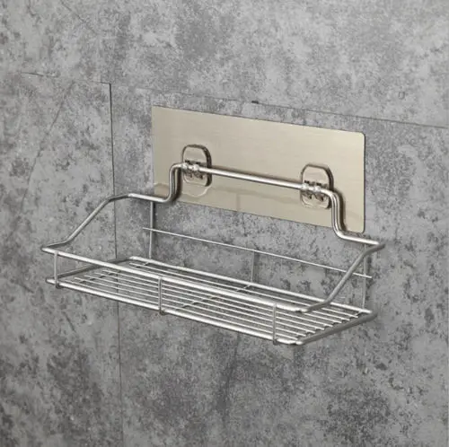 

Stainless Steel Shelf Shower Basket Bathroom Wall Mounted Storage Rack Adhesive