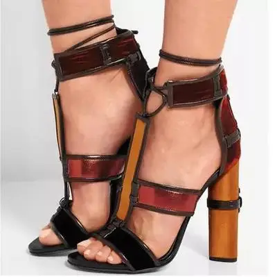 

Summer Celebrity Fashion Woman Strappy Sandals Pumps Shoes Harriet Multicolour Patchwork Leather Cage Sandals Block High Heels