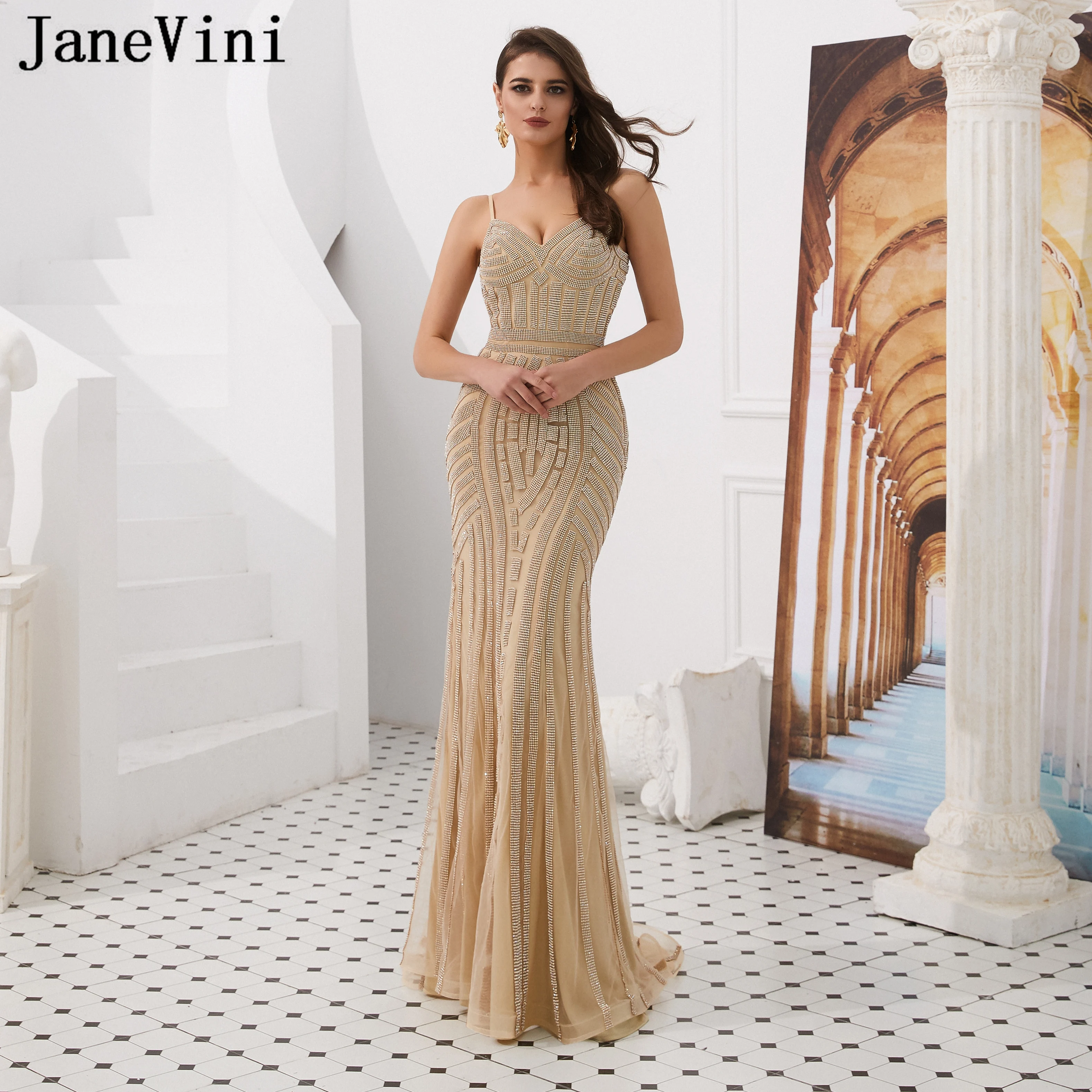 JaneVini/Роскошные вечерние платья цвета шампанского Украшенные бусинами