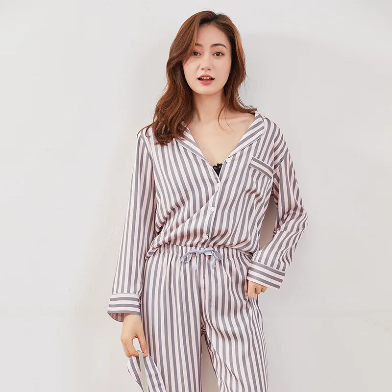 

Autumn High-end Imitation Silk Pijama Dancing Girls Printing Long Sleeve Pants Pajamas Striped Satin Sleepwear Pink Home Pj Set