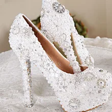 Handmade White Color Wedding Dress Shoes Bridal Shoes Gorgeous Super High Heel Shoes Imitation Pearl Rhinestone Shoes