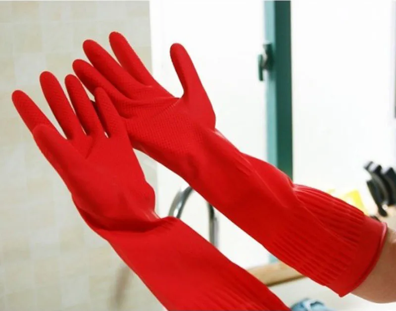1 Pair Red Rubber Gloves Dish Washing Cleaning Long Gloves Household