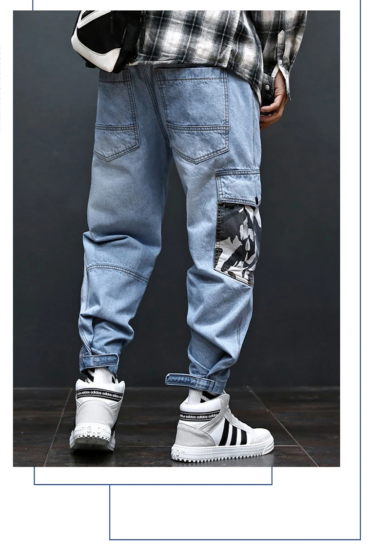 Модная уличная Для мужчин джинсы синие цветная нашивка камуфляж карман штаны-карго из денима брюки слабину дно с хип-хоп бегунов джинсы Для
