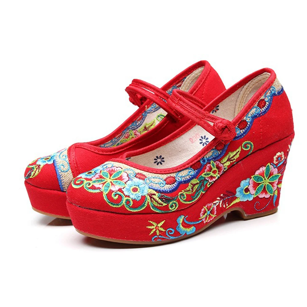 Women Pumps Flower Embroidered High Heels Shoes Causal Canvas Chinese
