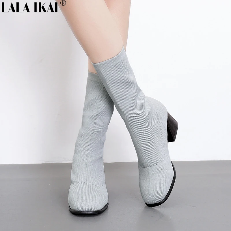 

LALA IKAI Women Autumn Winter Sock Boots Round Toe High Heels Slip-on Ladies Shoes Fashion Knitting Mid-Calf Boot XWC2727-5