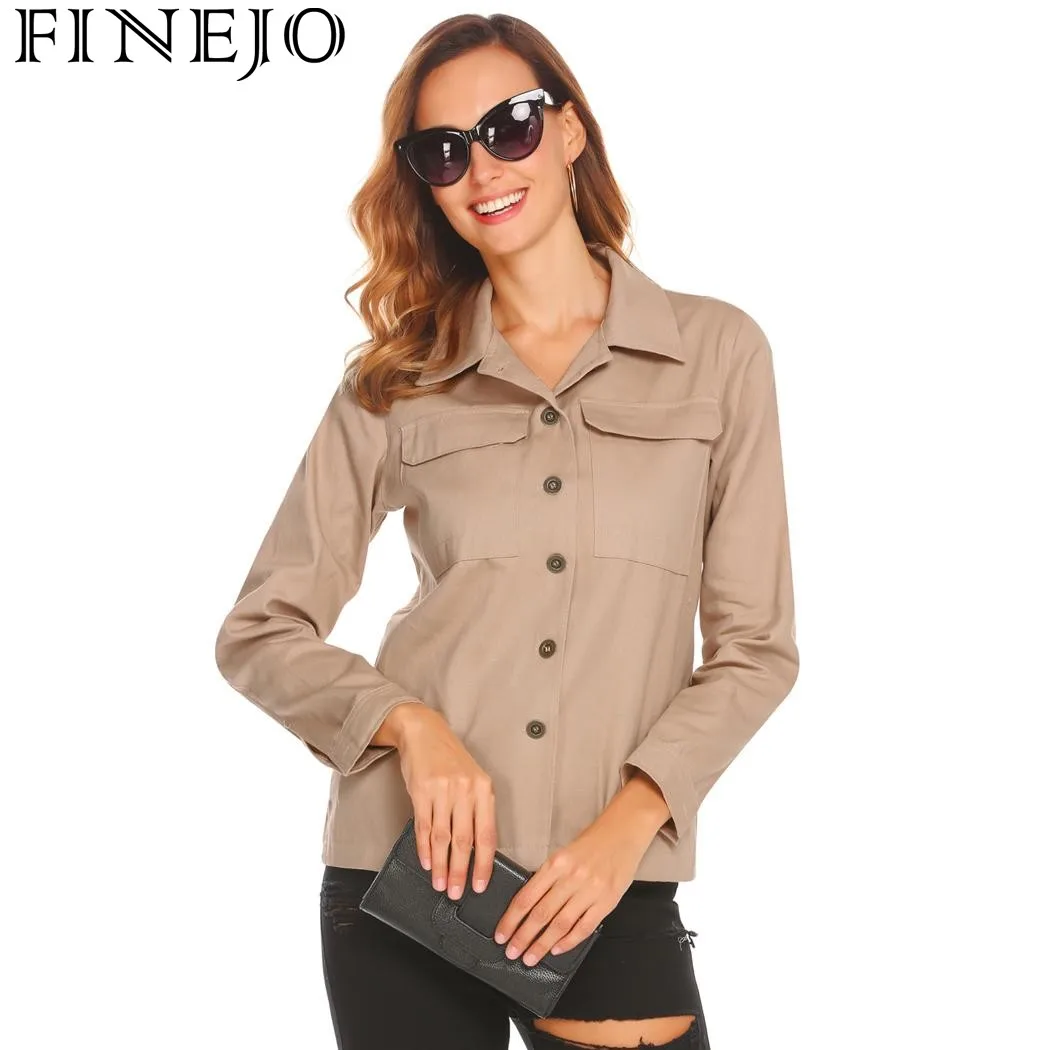 Finejo Women Button Pocket Sexy Shirt Blouse 2022 New Casual Turn-down Collar Long Sleeve Solid Blouses Latest Camisa Feminina